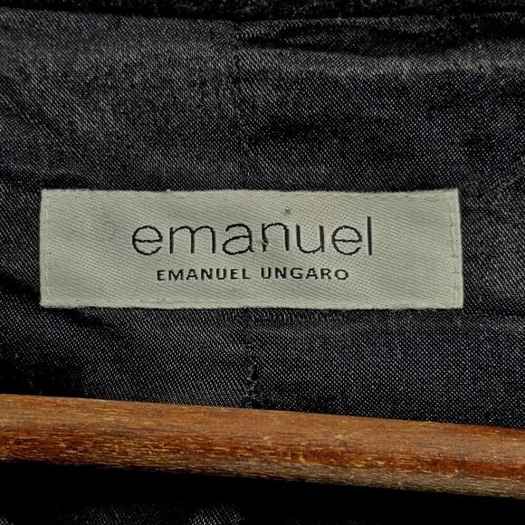 Emanuel Ungaro Coat Women Large 14 Black Wool Blend Pea Funnel Mock Neck Button - Picture 3 of 15